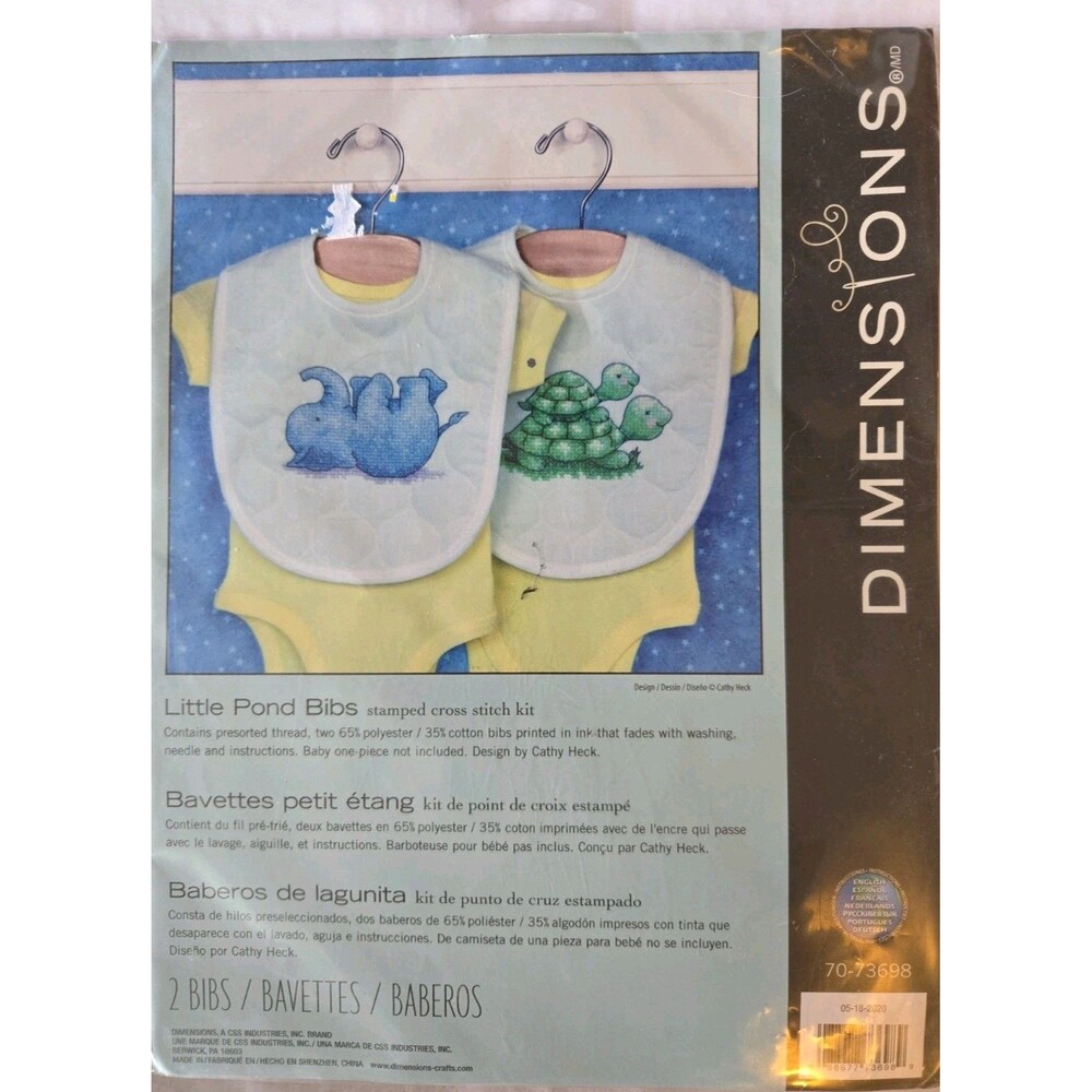 Dimensions Little Pond Bibs Stamped Cross Stitch Kit 70-73698 Elephant Turtle